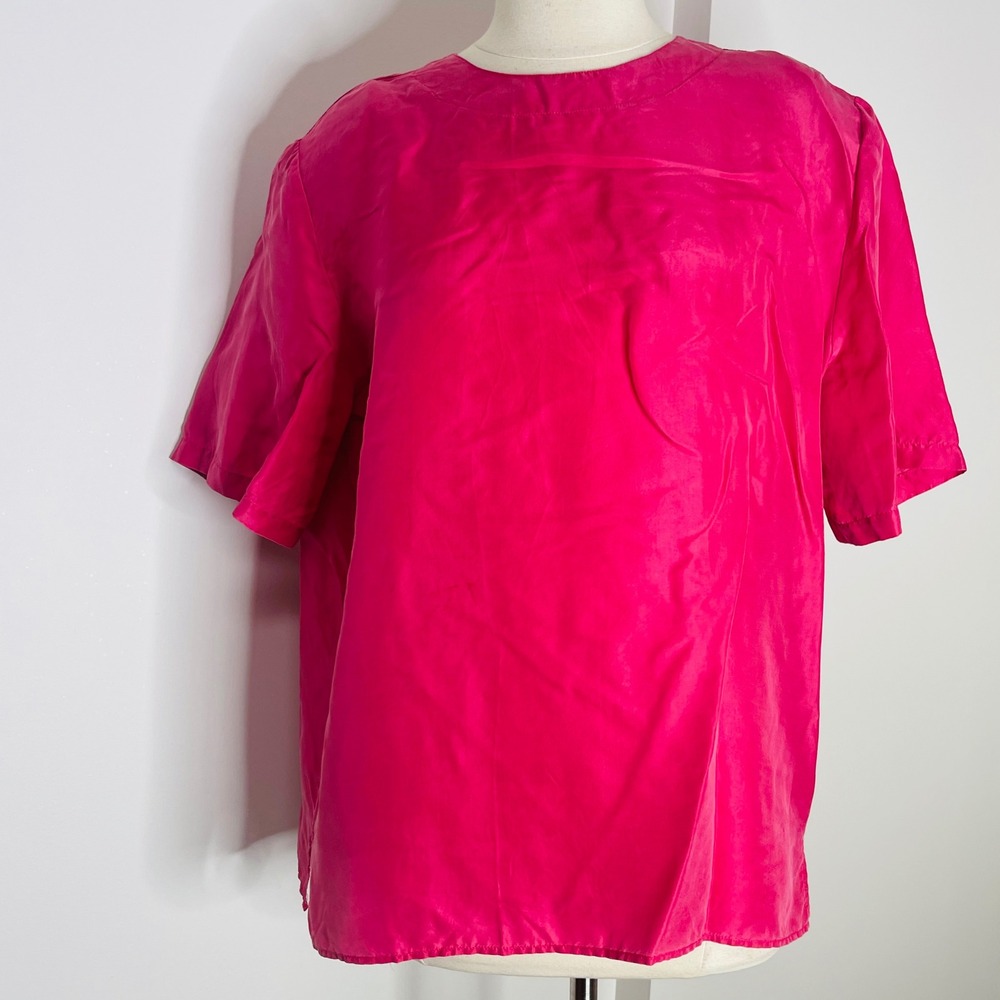 Hence Women Hot Pink 100% Washable Silk Short Sleeve Blouse Top Large